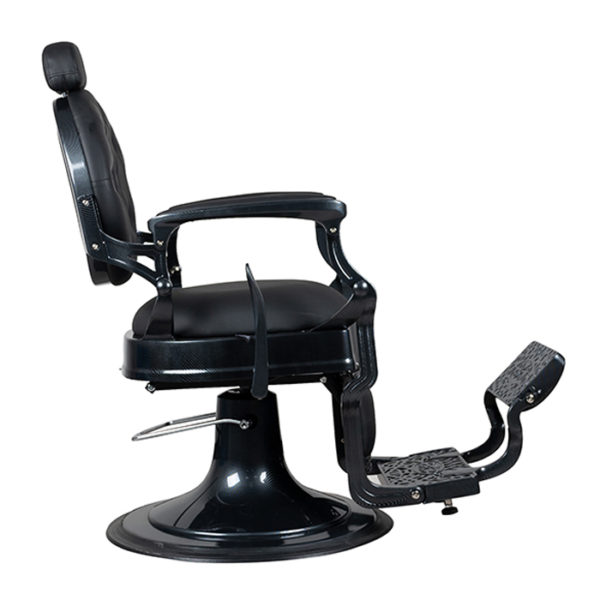 black barber chair with metal construction in black graphite
