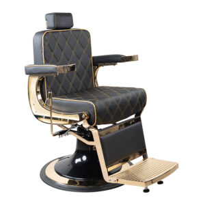 barber chair with gold frame upholstered in black PU vinyl