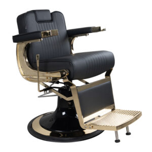 barber chair with gold frame upholstered in black PU vinyl