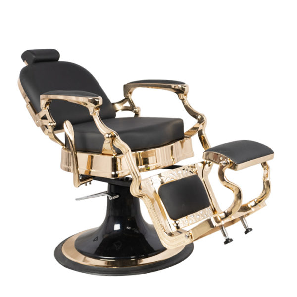 barber chair with gold frame upholstered in black PU vinyl