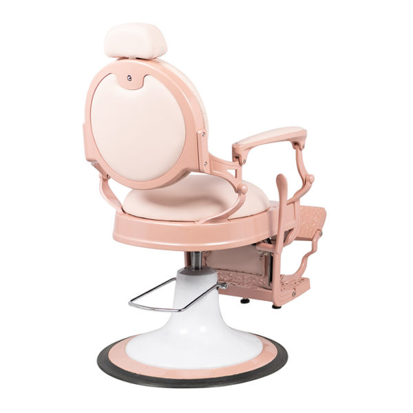 pink barber chair with hydraulic lift and 45 degree incline