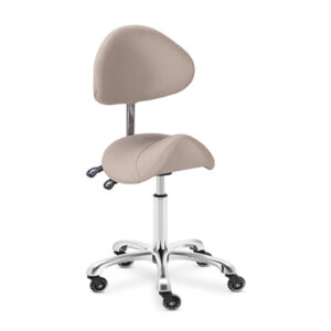 saddle stool with backrest has adjustable height and tilted backrest