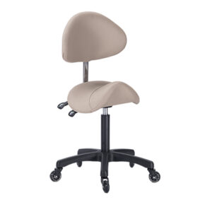 saddle stool with backrest has adjustable height and tilted backrest