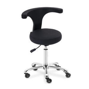 This medical stool features a support backrest and is upholstered in medical grade vinyl