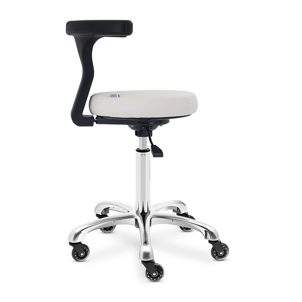 This medical stool features a support backrest and is upholstered in medical grade vinyl