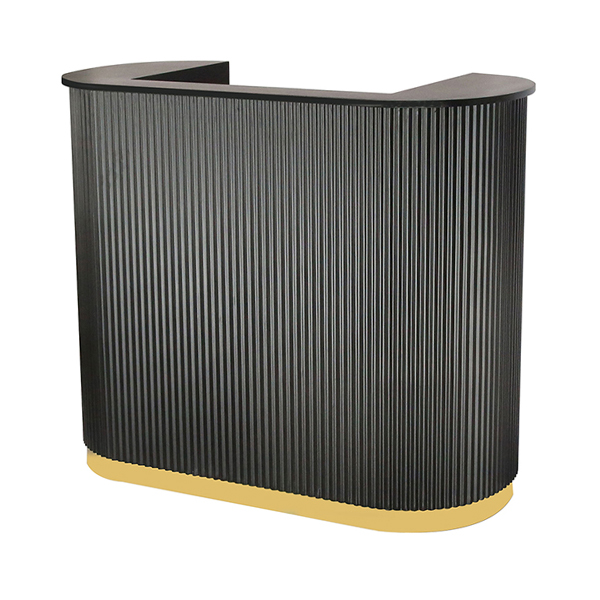 salon reception desk in black paint with gold trim is great for small spaces