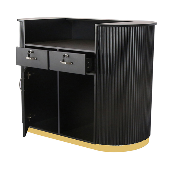 compact salon reception desk with gold trim is great for small spaces