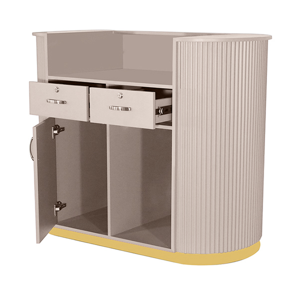 compact salon reception desk in latte with gold trim is great for small spaces