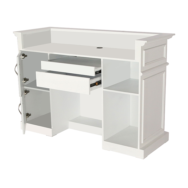 salon counter in high quality matt white finish has ample storage space