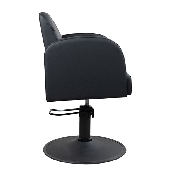 almira salon chair with hydraulic lift and upholstered in black vinyl