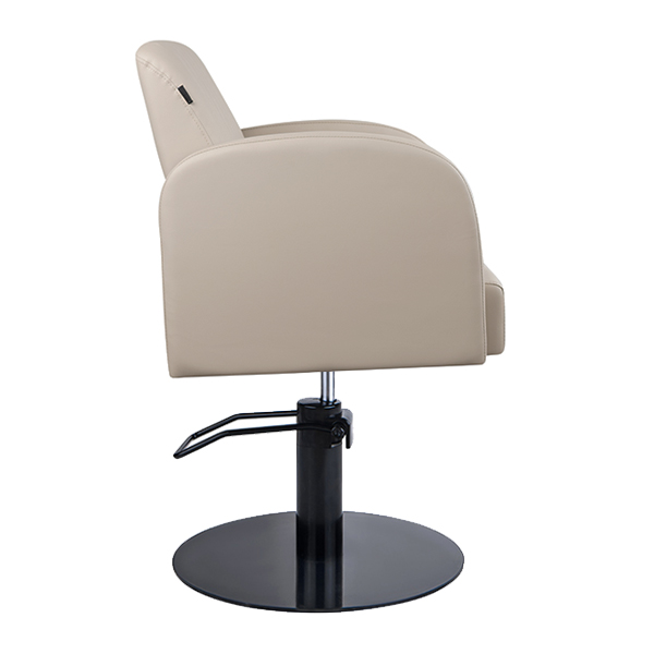almira salon chair with hydraulic lift and upholstered in latte vinyl