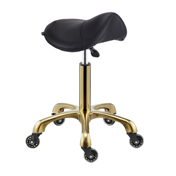 saddle stool with gold five star base and gold gaslift adds glamour to any working space