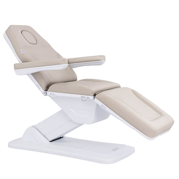 eros treatment bed latte front view with raised backrest and insert plug