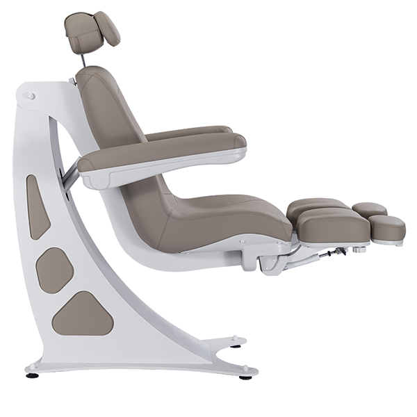 podiatry chair with elevated seat movement and split leg motion
