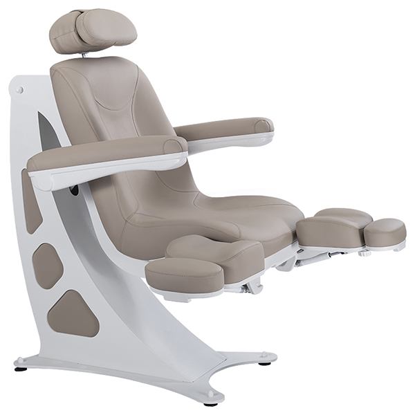 podiatry chair with elevated seat movement and split leg motion
