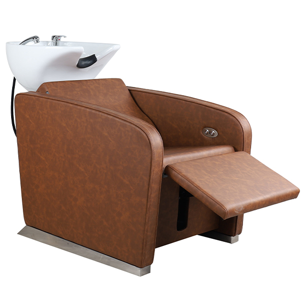 shampoo basin unit in tan with electric recline and white basin bowl